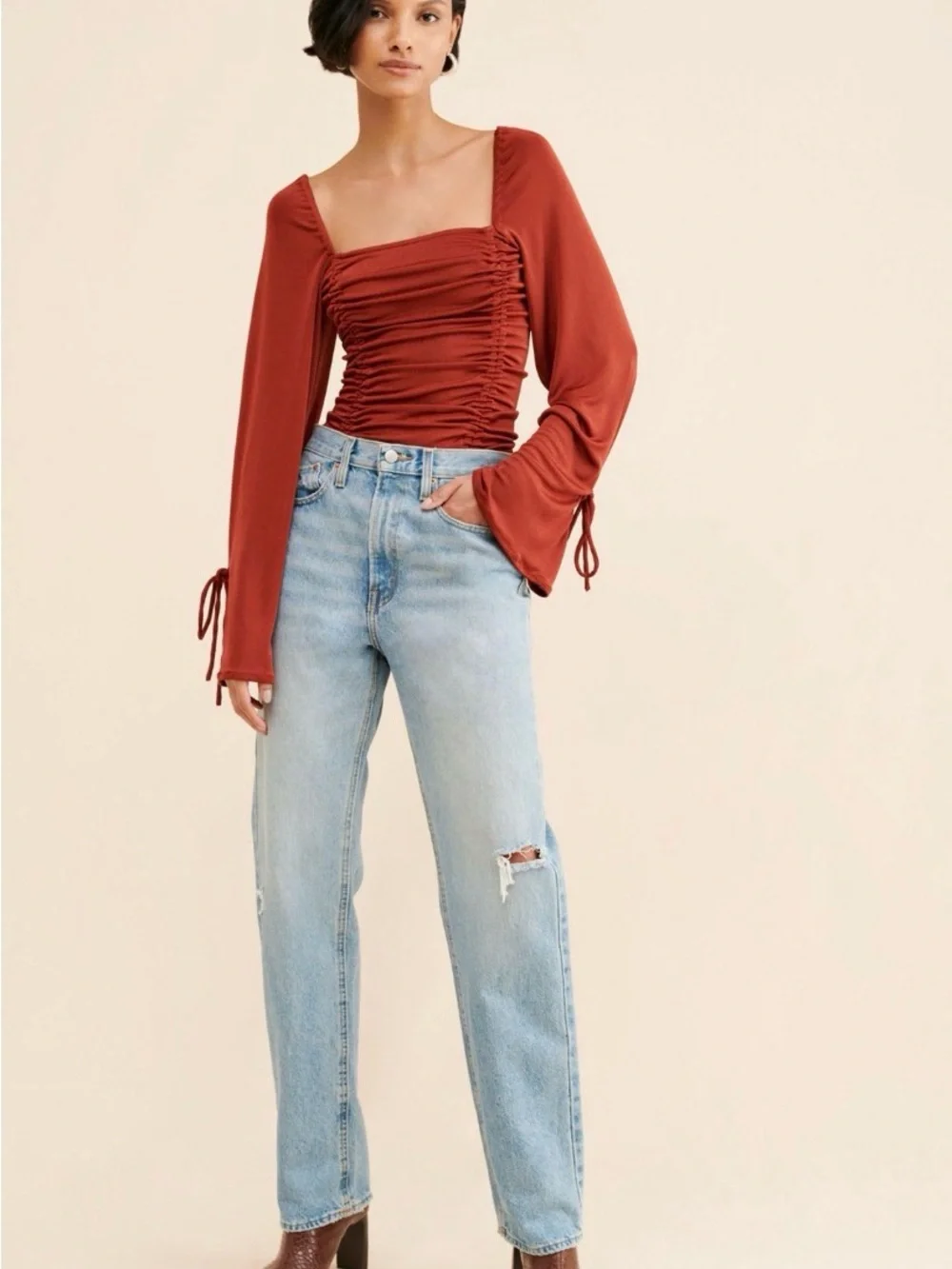Free People Rust Long-Sleeve Ruched Bodysuit